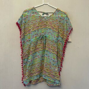 Miken sheer multicolored hot pink pom pom  swim cover up Size S New